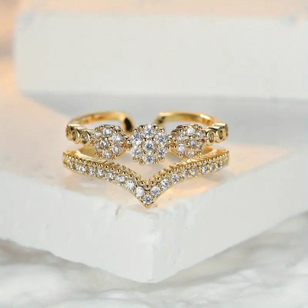 Elegant Gold Plated Double Layer Ring for Women (Adjustable)